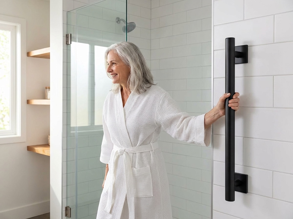 Frau nutzt einen eleganten Haltegriff im Badezimmer